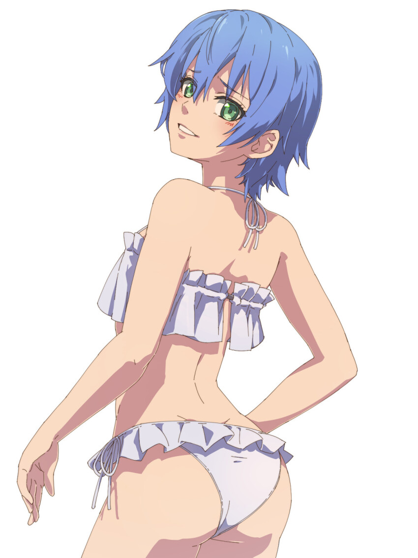 1girl 1other ass back bikini blue_hair blush chiharu_(9654784) commentary_request commission curtains double-parted_bangs eiyuu_densetsu frilled_bikini frills furrowed_brow green_eyes hair_between_eyes highres looking_back median_furrow medium_hair short_hair side-tie_bikini_bottom simple_background skeb_commission smile solo_focus sully_atraid swimsuit white_background white_bikini zero_no_kiseki