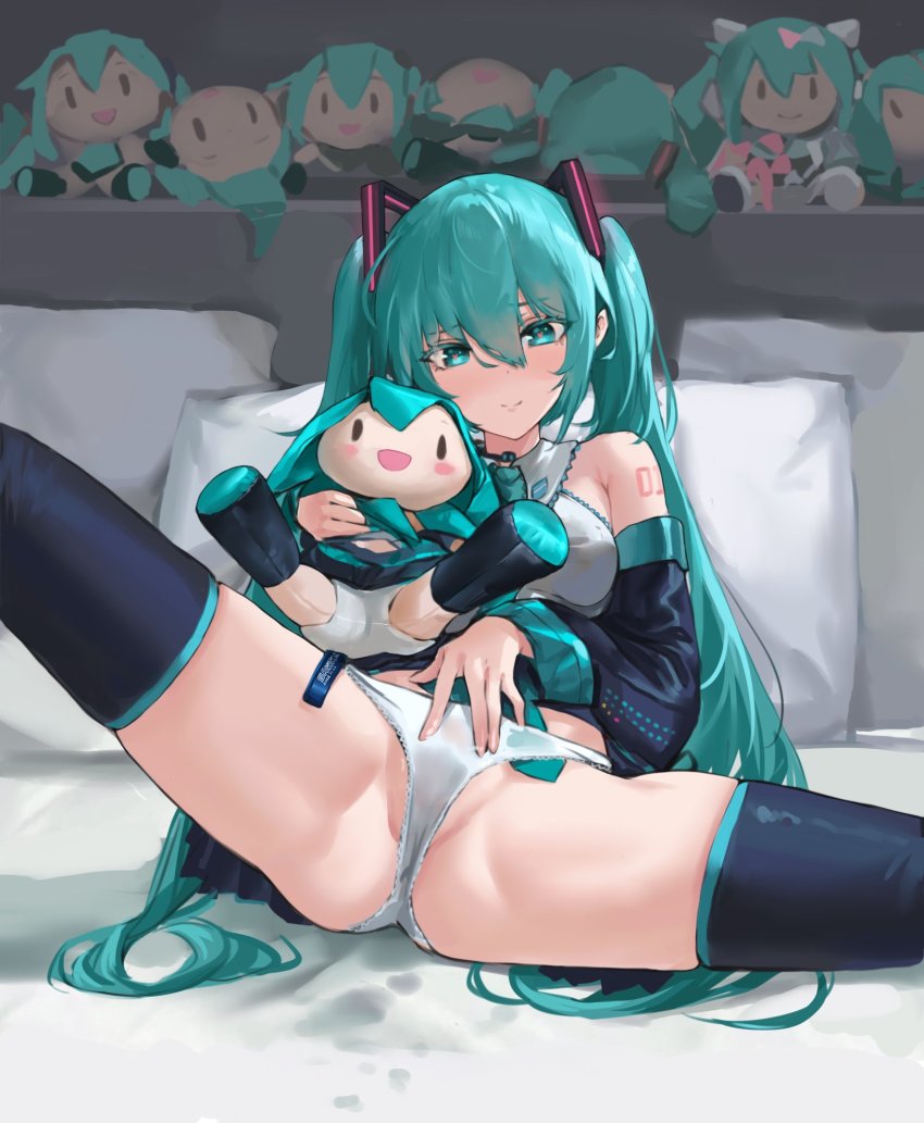 1girl aqua_eyes aqua_hair aqua_necktie black_sleeves boots detached_sleeves doll grey_shirt hand_on_own_crotch hatsune_miku headset highres holding holding_doll long_hair necktie number_tattoo on_bed panties pillow sawkm shirt sleeveless sleeveless_shirt spread_legs stuffed_toy tattoo thigh_boots thighhighs twintails underwear very_long_hair vocaloid