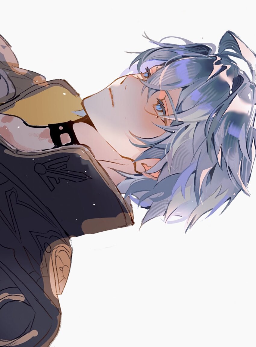 1boy black_choker black_shirt blue_eyes choker commentary_request hair_between_eyes highres honkai:_star_rail honkai_(series) male_focus omces96 phainon_(honkai:_star_rail) shirt short_hair sideways simple_background solo unfinished white_background white_hair