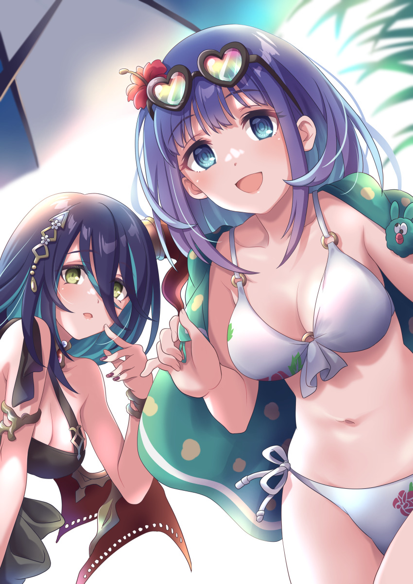 2girls absurdres bare_arms bikini blue_hair breasts cleavage collarbone colored_inner_hair dark_blue_hair eyewear_on_head floral_print flower hair_between_eyes hair_flower hair_ornament heart heart-shaped_eyewear highres horns jewelry looking_at_viewer medium_hair misora_(princess_connect!) misora_(summer)_(princess_connect!) multicolored_hair multiple_girls nail_polish navel open_mouth princess_connect! print_bikini ranpha_(princess_connect!) ranpha_(summer)_(princess_connect!) red_horns red_wings side-tie_bikini_bottom single_horn single_wing smile stomach swimsuit tsukachii two-tone_hair white_bikini wings yellow_eyes