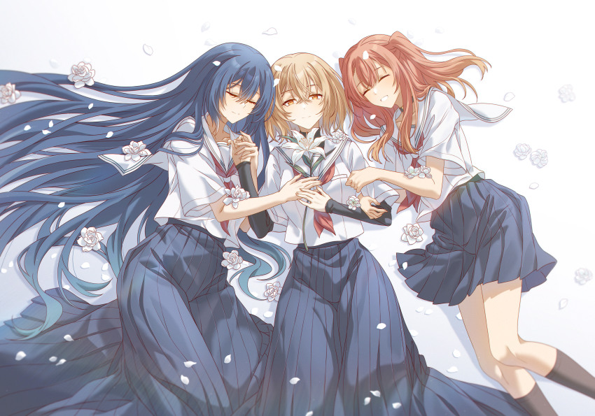 3girls absurdres black_choker blue_hair brown_eyes brown_hair choker closed_eyes closed_mouth commentary_request flower hair_between_eyes highres holding_hands innoarukugyou lily_(flower) locked_arms long_hair lying multiple_girls neckerchief oumi_shiori red_hair red_neckerchief sailor_collar school_uniform serafuku shirt short_hair short_sleeves simple_background skirt smile two_side_up undershirt watashi_wo_tabetai_hitodenashi white_background white_sailor_collar white_shirt yaotose_hinako yashiro_miko yuri