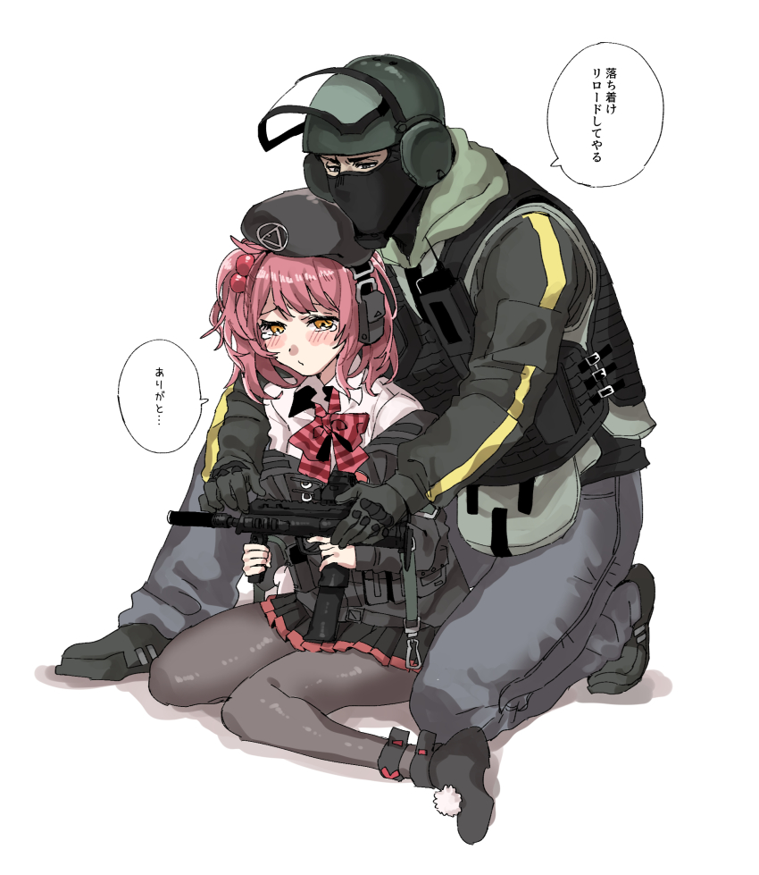 1boy 1girl absurdres bandit_(rainbow_six_siege) beret black_footwear black_gloves black_jacket black_pantyhose black_skirt blush bulletproof_vest commentary_request crossover duplicate girls&#039;_frontline gloves grey_pants gun h&amp;k_mp7 hat helmet highres holding holding_weapon jacket kneeling knees_together_feet_apart looking_at_object machine_pistol mask miniskirt mp7_(girls&#039;_frontline) on_one_knee optical_sight pants pantyhose personal_defense_weapon pouch rainbow_six_siege red_hair sanso_(kasyawamoti) seiza shirt shoes sight sitting skirt submachine_gun tactical_clothes translation_request weapon white_shirt yellow_eyes