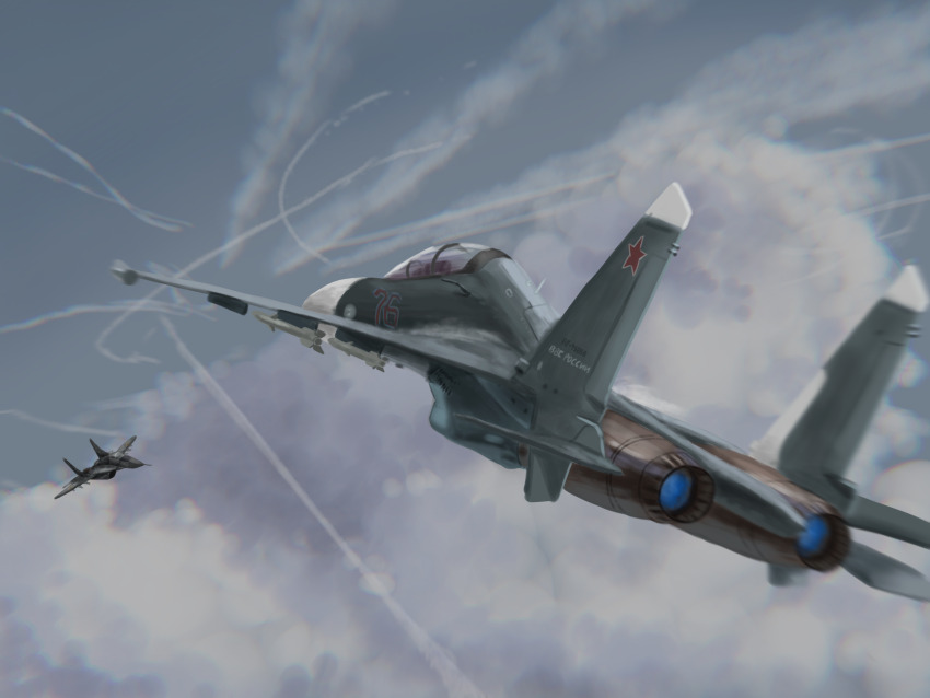 absurdres aerial_battle aircraft airplane battle cloud commentary_request contrail fighter_jet from_behind highres mig-29 military military_vehicle no_humans original red_star russian_air_force russo-ukrainian_war star_(symbol) su-35 sun20021109 ukrainian_air_force ukrainian_commentary vehicle_focus war