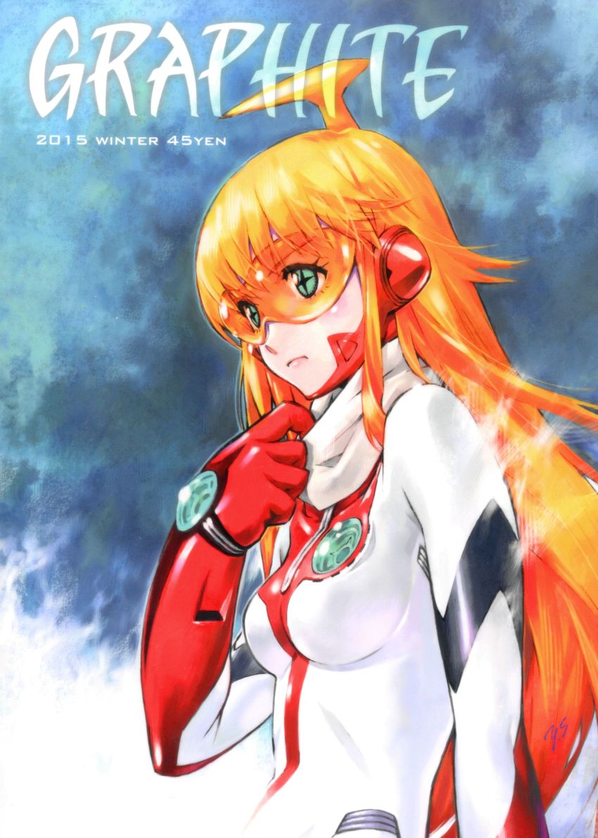 1girl absurdres ahoge breasts buster_machine_7 gainax green_eyes highres long_hair medium_breasts nono_(top_wo_nerae_2!) official_art orange_hair sadamoto_yoshiyuki scan scarf simple_background solo top_wo_nerae!_(series) top_wo_nerae_2! traditional_media