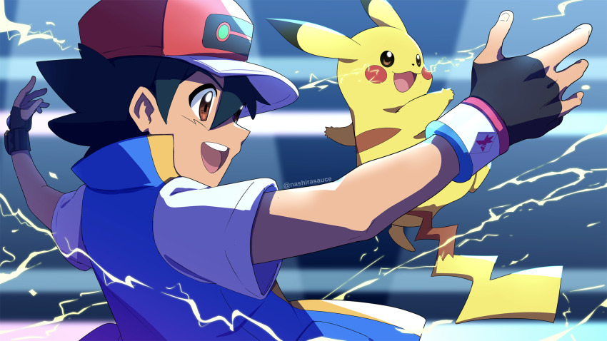 1boy :d ash_ketchum black_gloves black_hair blue_jacket blurry brown_eyes commentary creatures_(company) dynamax_band electricity fingerless_gloves game_freak gen_1_pokemon gloves hat highres jacket male_focus nashirasauce nintendo open_mouth pikachu pokemon pokemon_(anime) pokemon_(creature) pokemon_journeys red_headwear shirt short_hair short_sleeves sleeveless sleeveless_jacket smile teeth tongue twitter_username upper_teeth_only watermark white_shirt