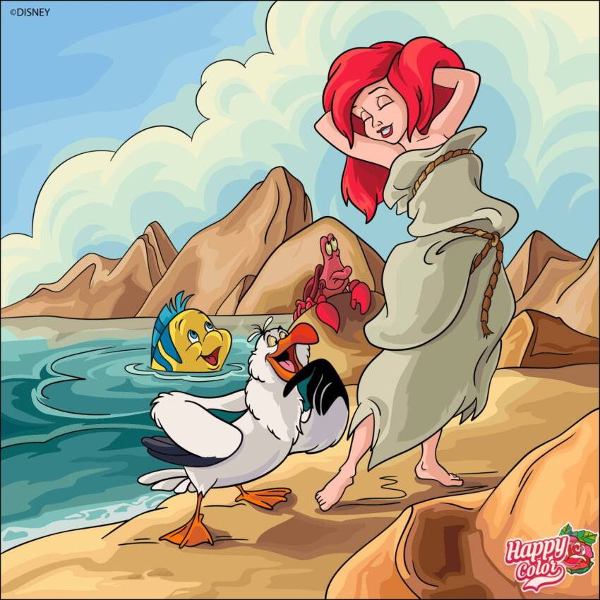 1girl ariel_(disney) artist_logo artist_name beach bird blue_sky closed_eyes cloud cloudy_sky day fish flounder_(the_little_mermaid) highres lobster logo long_hair makeshift_dress open_mouth outdoors ppg2009 red_hair scuttle_(disney) sebastian_(disney) sky water watermark
