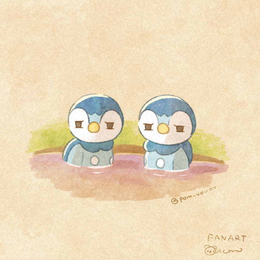 animal_focus bird brown_eyes commentary_request game_freak gen_4_pokemon half-closed_eyes highres mian_(user_kwcj2833) nintendo no_humans partially_submerged piplup pokemon pokemon_(creature) signature unamused water