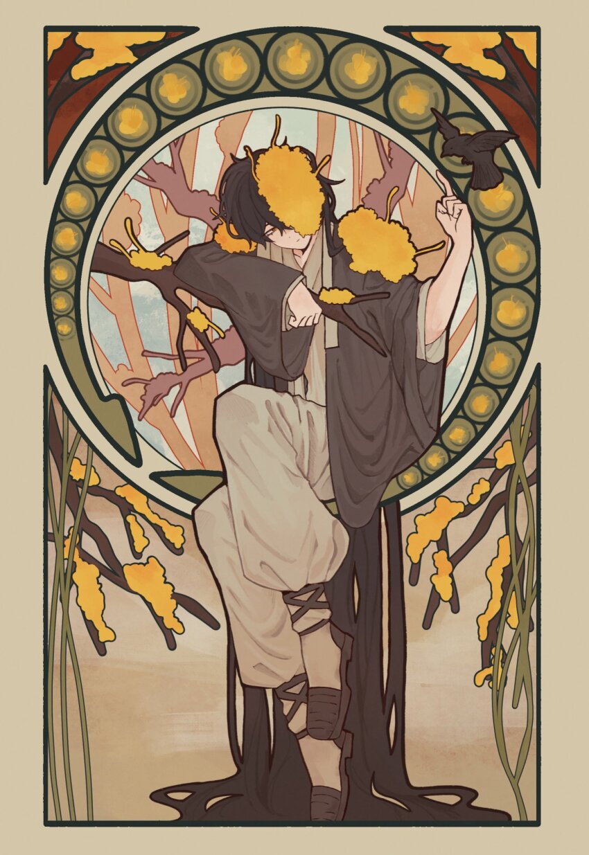 1boy absurdly_long_hair art_nouveau bird black_hair black_shoes commentary crow e.g.o_(project_moon) english_commentary full_body hanbok hand_up highres invisible_chair korean_clothes limbus_company long_hair looking_at_animal male_focus project_moon shoes sitting solo spicebush_(e.g.o) technology_liberation_alliance_(identity)_(project_moon) very_long_hair woopershuck yellow_eyes yi_sang_(project_moon)