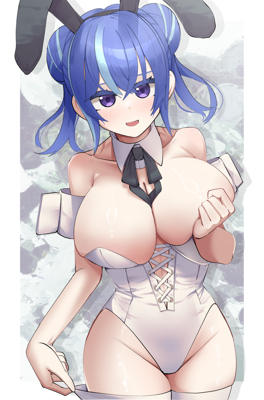 1girl absurdres bare_shoulders blue_hair border breasts cleavage commentary_request cotan_(actancyaga) cowboy_shot cross-laced_clothes cross-laced_leotard double_bun duel_monster evil_twin_lil-la grey_background hair_bun highres large_breasts leotard lil-la_(yu-gi-oh!) looking_at_viewer purple_eyes simple_background smile solo strapless strapless_leotard thighhighs thighhighs_pull white_border white_leotard white_thighhighs yu-gi-oh!