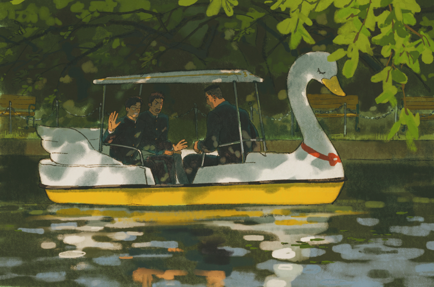 3boys absurdres akagi_takenori bench black_hair boat brown_hair chengongzi123 facing_another full_body gakuran glasses green_background grin hand_up highres kogure_kiminobu long_sleeves looking_at_another male_focus mitsui_hisashi multiple_boys open_mouth outdoors park park_bench school_uniform short_hair sitting slam_dunk_(series) smile swan_boat tree undercut very_short_hair water watercraft wide_shot