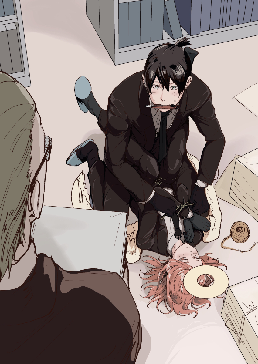 3boys absurdres angel angel_devil_(chainsaw_man) angel_wings black_gloves black_hair black_necktie blue_eyes blush bound bound_thighs bound_wrists boxcutter caught chainsaw_man character_request collared_shirt commentary_request feathered_wings formal_clothes from_above gloves hair_between_eyes halo hayakawa_aki heco_inu highres jacket long_hair looking_at_another lying male_focus mouth_hold multiple_boys necktie on_back on_floor shirt short_hair suit suit_jacket sweat topknot traditional_halo white_shirt white_wings wings yaoi