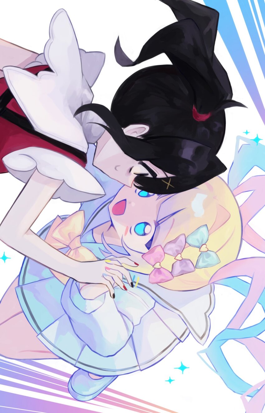 2girls :d ame-chan_(needy_girl_overdose) bags_under_eyes black_eyes black_hair black_nails blonde_hair blue_bow blue_eyes blue_hair blue_nails blue_sailor_collar blue_shirt blue_shoes blue_skirt blush_stickers bow bowtie chouzetsusaikawa_tenshi-chan commentary_request dot_nose dual_persona empty_eyes eye_contact face-to-face from_behind full_body hair_bow hair_ornament hair_tie heart highres holding_hands interlocked_fingers jumping leaning_forward long_hair long_sleeves looking_at_another miniskirt multicolored_hair multicolored_nails multiple_girls nail_polish needy_girl_overdose no_mouth no_pupils open_mouth pale_skin pink_bow pink_hair pink_nails pleated_skirt profile puffy_long_sleeves puffy_sleeves purple_bow quad_tails red_nails red_shirt sailor_collar school_uniform shirt shizumu_(shi_zumu) shoes short_hair sideways simple_background single_hair_intake single_horizontal_stripe skirt sleeveless sleeveless_shirt smile sparkle sweatdrop twintails upper_body white_background wide-eyed x_hair_ornament yellow_bow yellow_bowtie yellow_nails