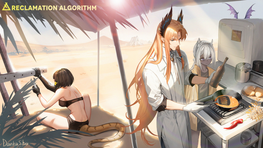 1boy 3girls absurdres animal_ears arknights bandeau bare_shoulders black_gloves black_hair black_shirt black_shorts blue_eyes breasts camel_ears chili_pepper closed_mouth coat cooking dankashu dark-skinned_female dark_skin desert eunectes_(arknights) gloves hair_ornament head_wings highres holding holding_wrench jacket lens_flare long_hair manticore_(arknights) multiple_girls orange_hair passenger_(arknights) pointy_ears potato purple_eyes shirt short_hair shorts smile snake_tail tail tuye_(arknights) white_coat white_gloves white_hair wings wrench yellow_jacket