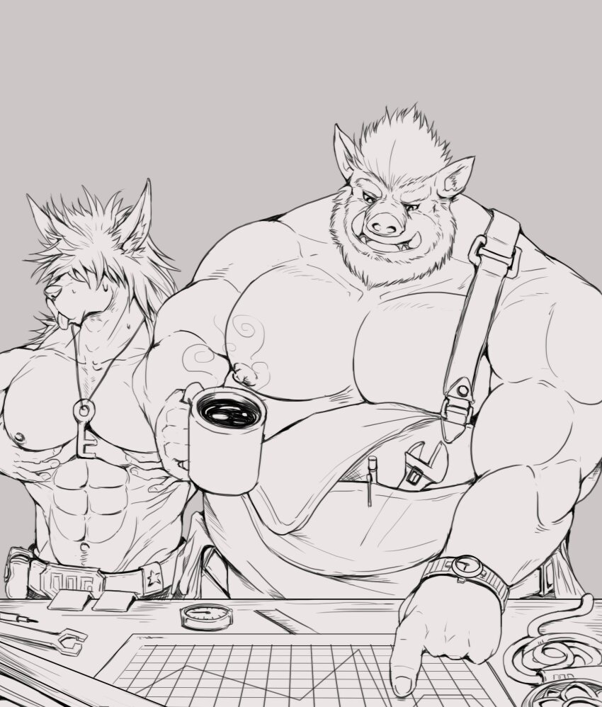 2boys absurdres animal_ears bara bare_pectorals beard big_belly boar_boy boar_ears body_fur cup eru_(eruprior) facial_hair fat fat_man full_beard grabbing_own_pectoral greyscale highres holding holding_cup huge_eyebrows large_pectorals male_focus map mature_male mechanic mike_(eruprior) monochrome mug multiple_boys muscular muscular_male original overalls pectorals pointing thick_beard tusks wrench