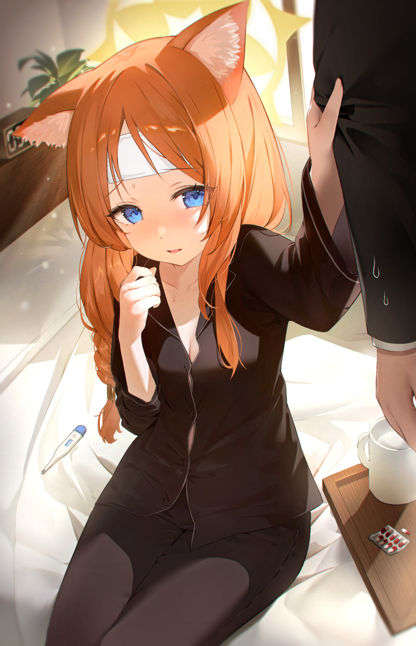 1girl 1other absurdres animal_ear_fluff animal_ears bed bed_sheet black_pajamas black_pants blue_archive blue_eyes blush breasts buttons cat_ears clock collarbone digital_clock halo highres iei_(yeahhiei) indoors long_hair looking_at_viewer mari_(blue_archive) open_mouth orange_hair pajamas pants pill seven-segment_display sitting small_breasts solo_focus window yellow_halo