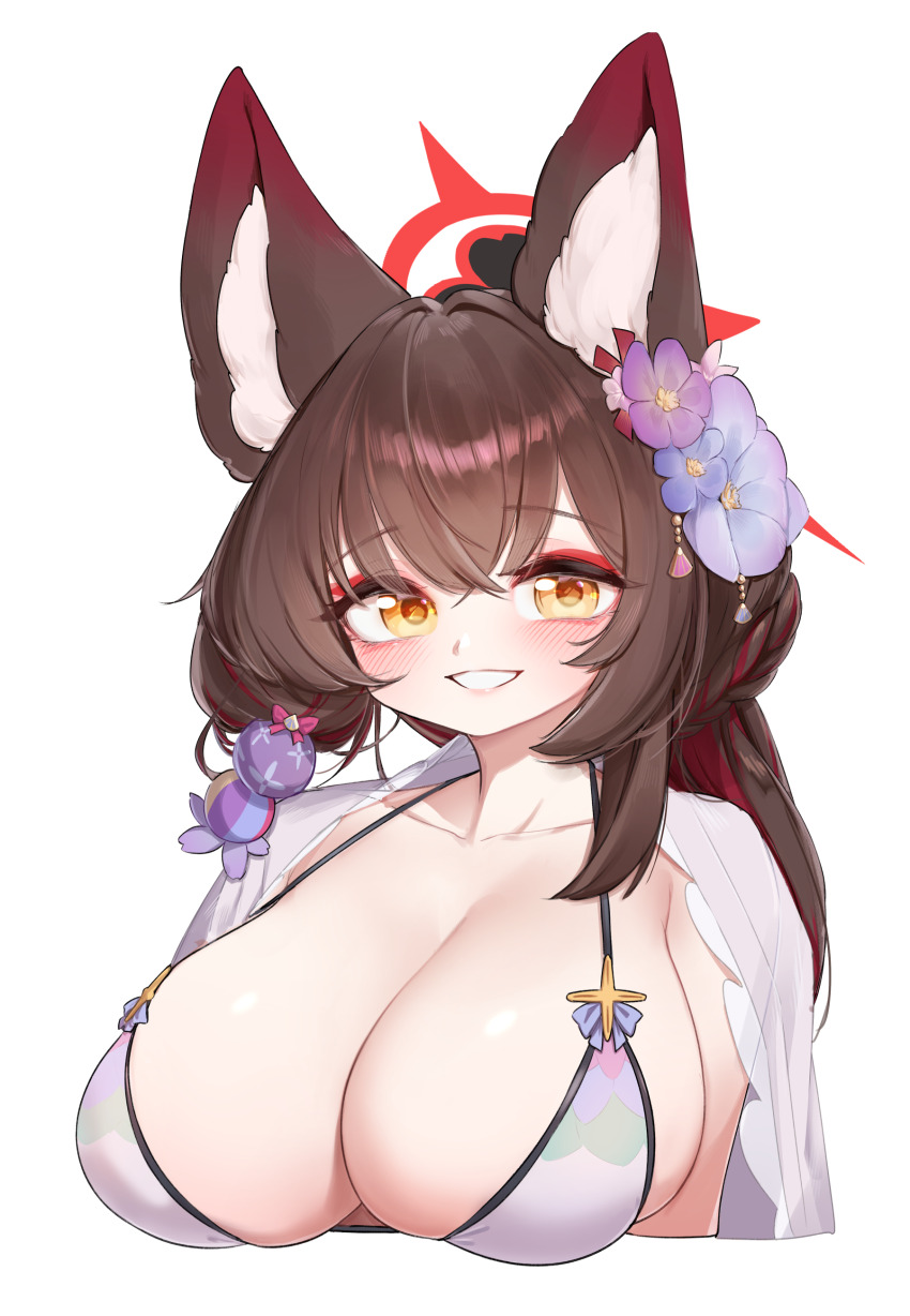 1girl absurdres animal_ears bikini blue_archive blush braid breasts brown_hair cleavage collarbone eyeshadow flower fox_ears fox_girl grin hair_flower hair_ornament halo highres large_breasts long_hair looking_at_viewer makeup multicolored_hair official_alternate_costume purple_flower red_eyeshadow red_hair red_halo simple_background smile solo streaked_hair string_bikini swimsuit two-tone_hair upper_body wakamo_(blue_archive) wakamo_(swimsuit)_(blue_archive) white_background white_hair yabby yellow_eyes