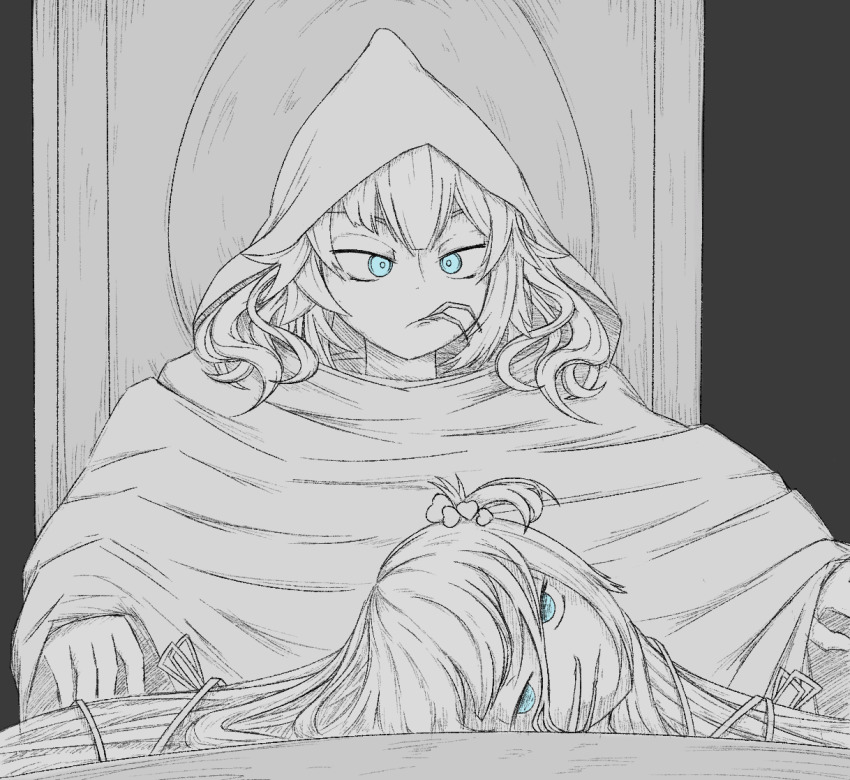 1girl akai_haato arthropod_limbs blue_eyes bow dark_background decapitation eating eyebrows_hidden_by_hair hatching_(texture) head heart hololive hood long_hair looking_down meme monochrome pondering_my_orb_(meme) taiggerrock upper_body virtual_youtuber