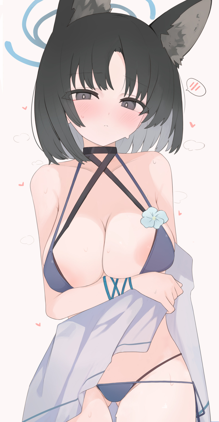 1girl absurdres alternate_breast_size animal_ears areola_slip arm_under_breasts bikini black_choker black_hair blue_archive blue_bikini blush breasts bright_pupils cat_ears choker collarbone commentary_request gluteal_fold gu_meng_yin halo heart highres kikyou_(blue_archive) kikyou_(swimsuit)_(blue_archive) large_breasts looking_at_another looking_at_viewer no_tail official_alternate_costume short_hair side-tie_bikini_bottom simple_background solo spoken_blush string_bikini sweat swimsuit white_background white_pupils