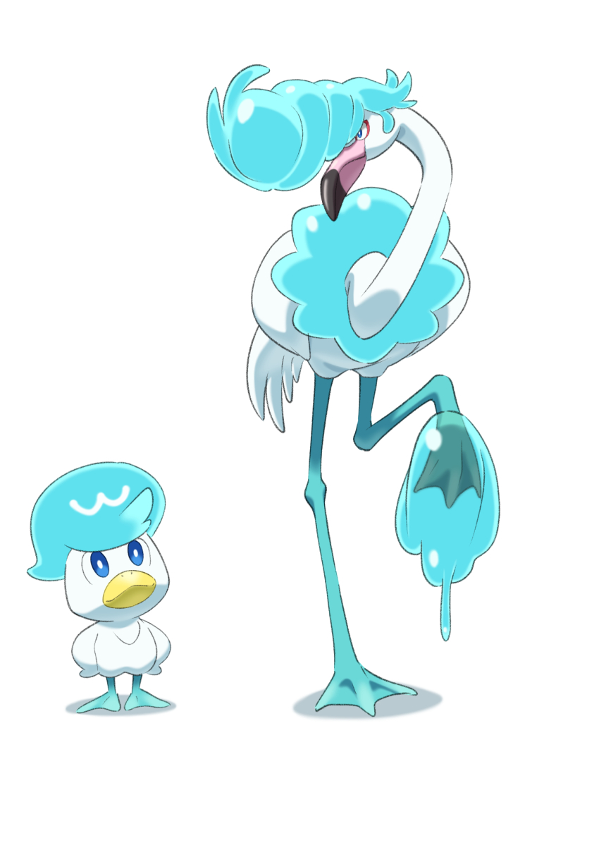 beak bird blue_eyes bright_pupils duck fakemon flamingo highres ika_daishougun nintendo no_humans pokemon pokemon_(creature) quaxly simple_background standing white_background white_pupils