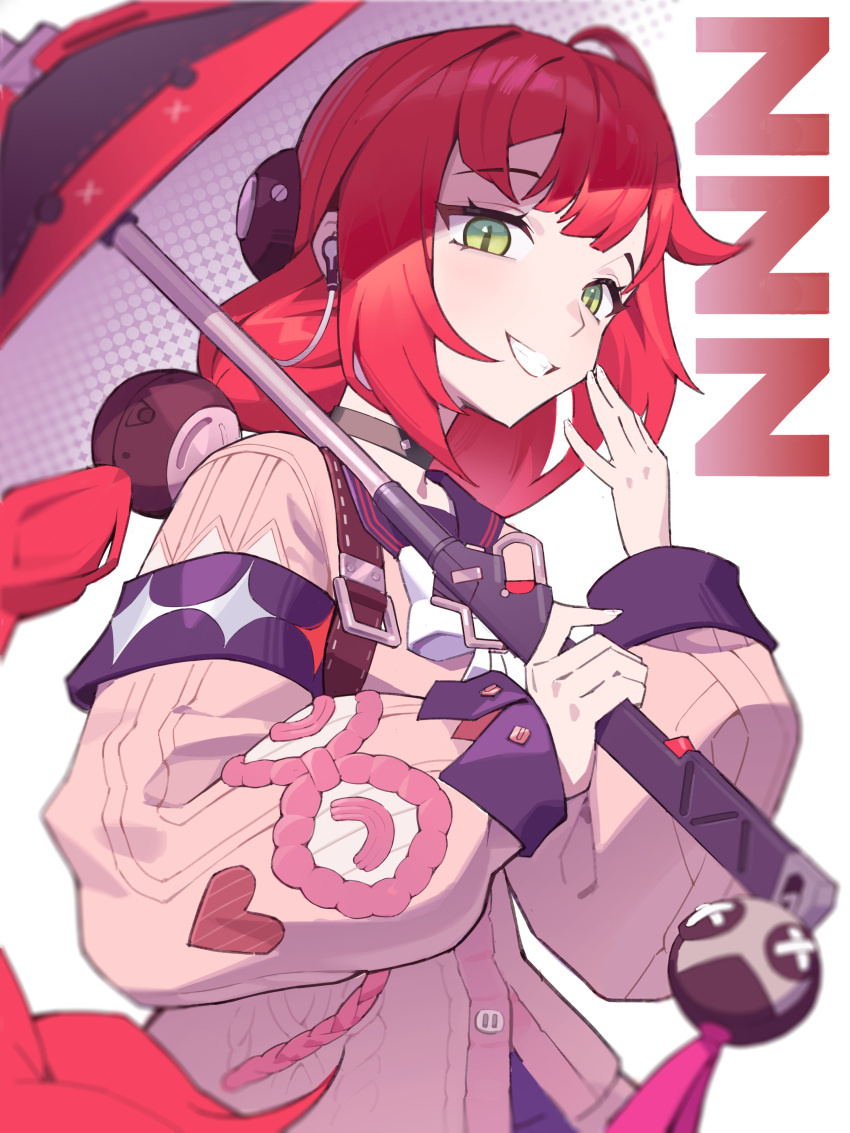 1girl absurdres black_choker black_sailor_collar bow breasts cardigan choker green_eyes highres hijuk long_hair looking_at_viewer pink_cardigan red_hair sailor_collar skirt smile solo sphere_hair_ornament thigh_strap ukinami_yuzuha white_bow zenless_zone_zero