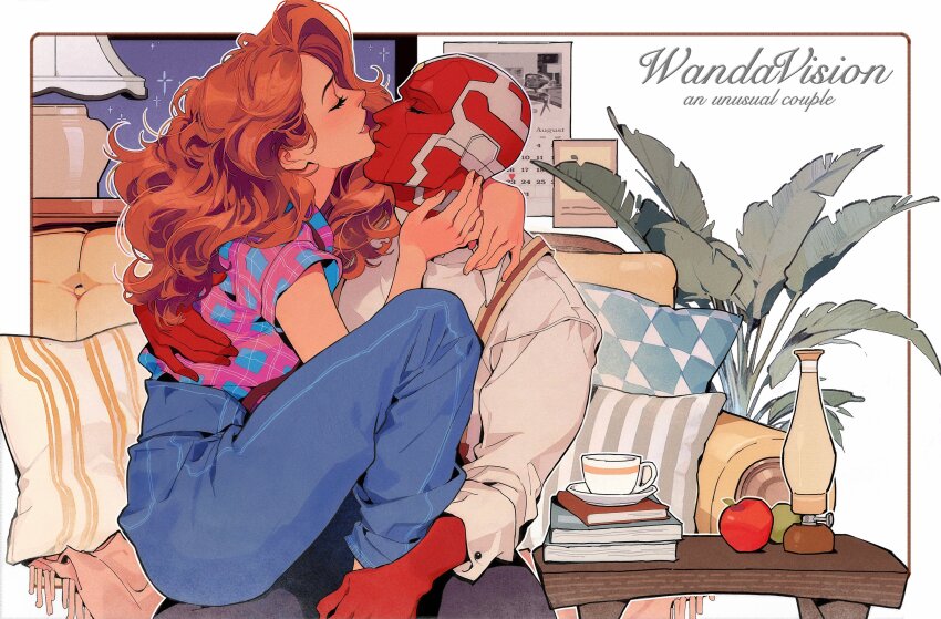1boy 1girl al_(ahr) apple black_pants blue_pants book book_stack calendar_(object) chinese_commentary closed_eyes closed_mouth collared_shirt colored_skin commentary_request copyright_name couch couple cup food fruit grey_skin hetero highres hug jar lamp lips long_hair long_sleeves marvel marvel_cinematic_universe multicolored_skin on_couch orange_hair pants pillow pink_shirt plant red_skin shirt short_sleeves simple_background sitting sitting_on_person smile suspenders table vision_(marvel) wanda_maximoff wandavision wavy_hair white_background white_shirt window