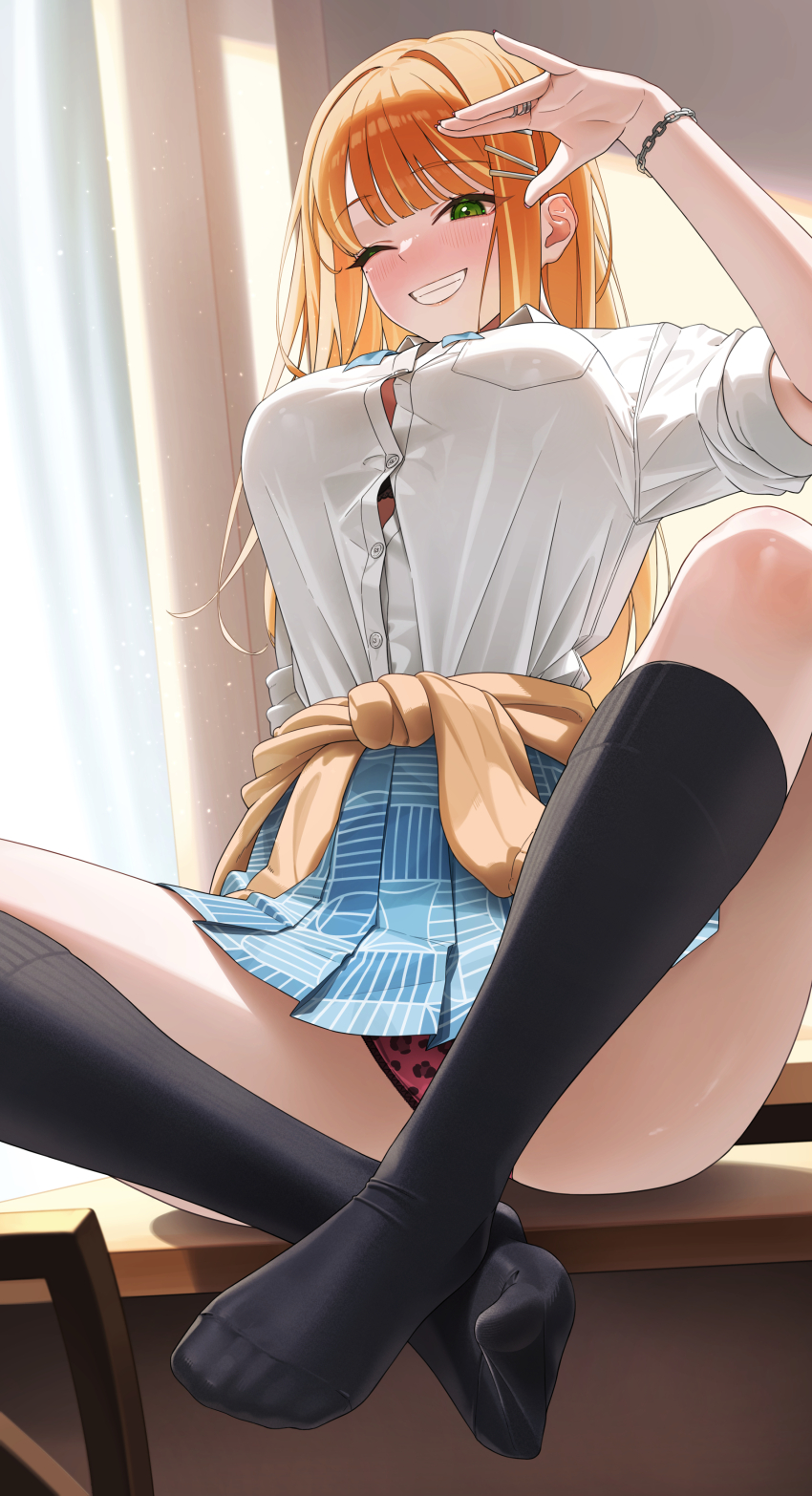 1girl absurdres animal_print black_bra black_socks blue_skirt blush bra bra_peek bracelet breasts brown_cardigan button_gap cardigan cardigan_around_waist clothes_around_waist gakuen_idolmaster grin gyaru hair_intakes hair_ornament hand_up hatsuboshi_gakuen_school_uniform hear_(kpmf4732) high-waist_skirt highres idolmaster indoors jewelry kneehighs kogal large_breasts leopard_print leopard_print_panties long_hair looking_at_viewer mole mole_under_eye on_table one_eye_closed orange_hair panties pantyshot pink_panties print_panties school_uniform shirt_tucked_in shiun_sumika sitting skirt sleeves_rolled_up smile socks soles solo straight_hair table underwear