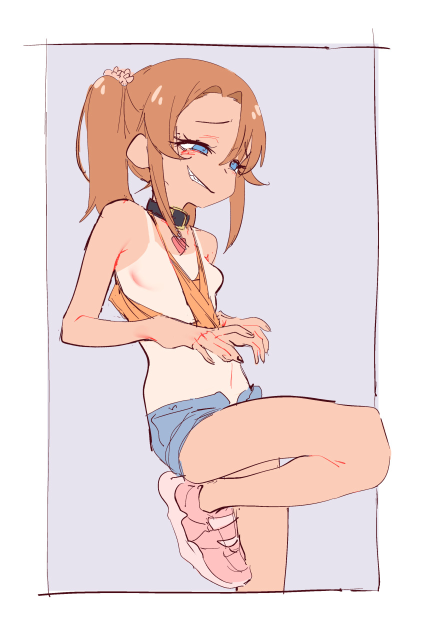 1girl absurdres blue_eyes borrowed_character breasts collar eds grin highres loli mesugaki no_nipples orange_hair original ponytail short_shorts shorts sidelocks simple_background sketch small_breasts smile tan tanline white_background yuma_(ebisujima_misato)