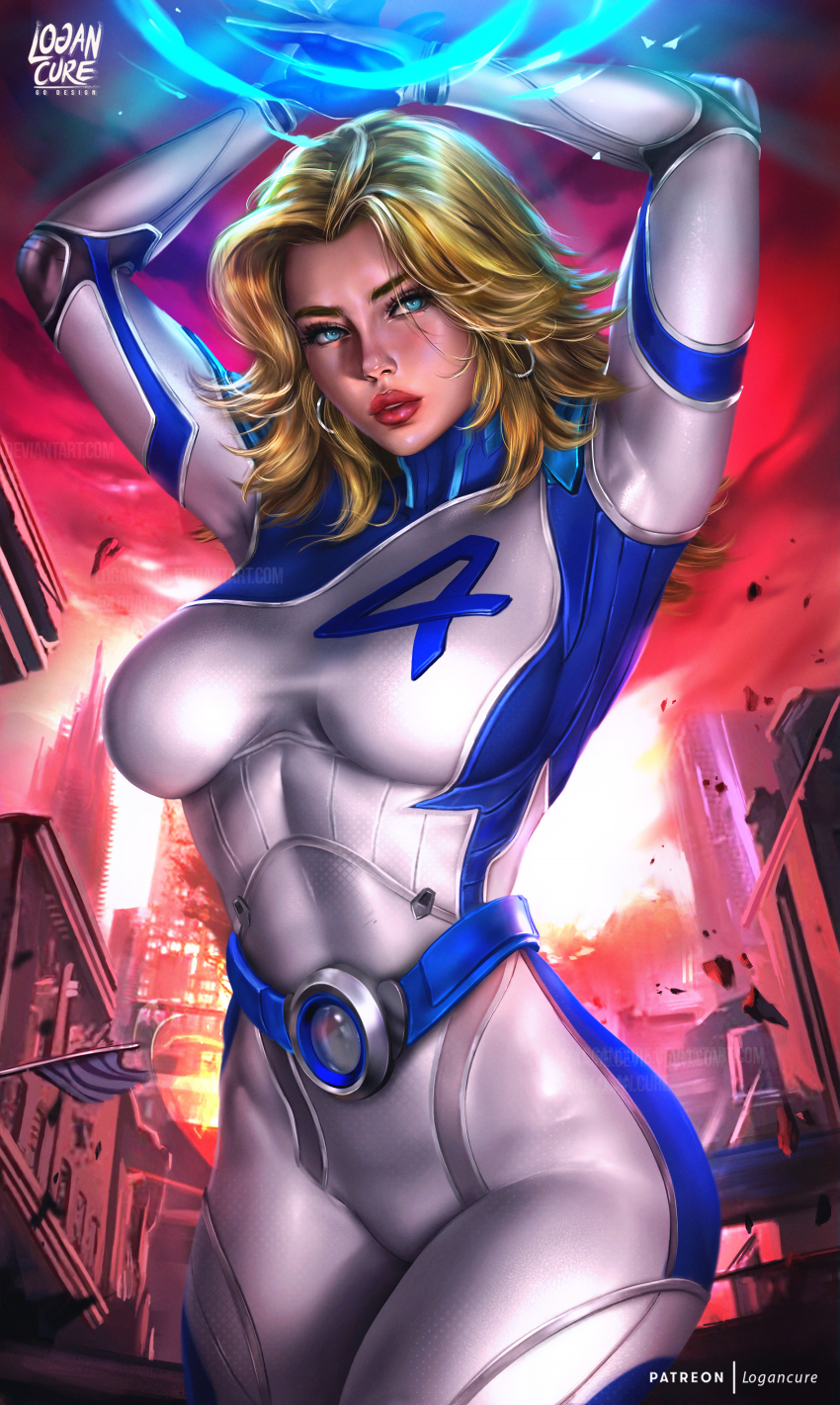 1girl absurdres arms_up artist_name belt blonde_hair blue_belt blue_bodysuit blue_eyes bodysuit breasts building deviantart_username earrings eyelashes fantastic_four highres hoop_earrings jewelry lips logan_cure long_hair looking_at_viewer marvel marvel_rivals multicolored_bodysuit patreon_username sky skyscraper solo sue_storm superhero_costume torn_flag two-tone_bodysuit utility_belt white_bodysuit