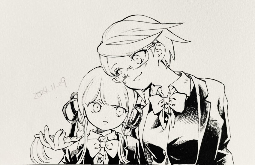 2girls blazer blunt_bangs bow bowtie braid breast_press buttons child chin_rest closed_mouth collared_jacket collared_shirt commentary_request danganronpa danganronpa_(series) danganronpa_kirigiri dated dress_shirt expressionless eyelashes fingerless_gloves glasses gloves greyscale hair_ribbon happy head_on_head head_rest highres holding_another&#039;s_hair jacket kirigiri_kyoko lapels leaning_on_person light_blush light_frown long_hair long_sidelocks long_sleeves looking_at_another low_twin_braids monochrome multiple_girls nib_pen_(medium) no+bi= notched_lapels open_clothes open_jacket pen_(medium) ribbon samidare_yui shirt short_hair sidelocks smile swept_bangs traditional_media twin_braids upper_body very_long_hair vest