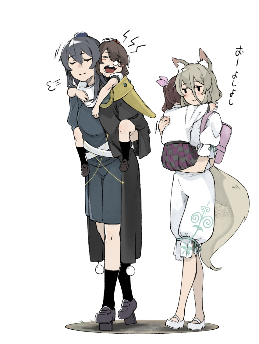 4girls absurdres aged_down animal_ears black_coat black_hair blue_dress brown_hair checkered_clothes checkered_skirt closed_eyes coat collared_shirt dress fox_ears fox_girl fox_tail hair_between_eyes hat highres himekaidou_hatate iizunamaru_megumu kudamaki_tsukasa long_hair multiple_girls open_mouth pleated_skirt purple_skirt ribbon romper shameimaru_aya shirt short_hair short_sleeves shot_(shot0598) shoulder_guard skirt tail token_hat tokin_hat touhou translation_request twintails white_romper