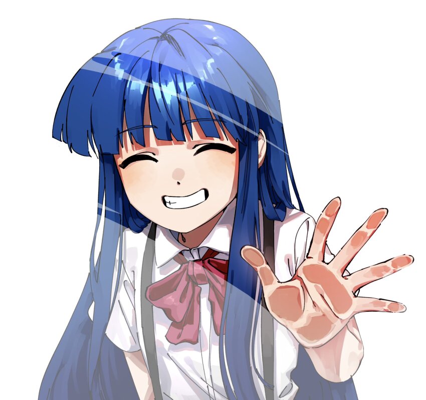 1girl against_fourth_wall against_glass blue_hair blunt_bangs bow bowtie closed_eyes collared_shirt facing_viewer furude_rika grin hand_on_glass happy highres higurashi_no_naku_koro_ni ihwa0283 long_hair red_bow red_bowtie shirt short_sleeves simple_background smile solo suspenders upper_body white_background white_shirt