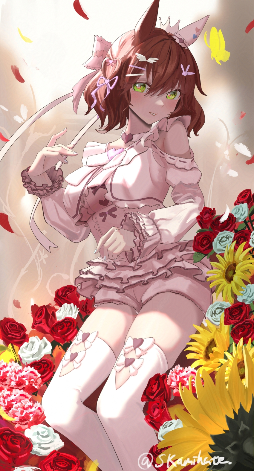1girl absurdres animal_ears aston_machan_(everlasting_candy)_(umamusume) aston_machan_(umamusume) blush breasts brown_hair bug butterfly clothing_cutout flower fyly0927 green_eyes hair_between_eyes hair_ornament hairclip highres horse_ears insect large_breasts looking_at_viewer official_alternate_costume petals shoulder_cutout solo thighs twitter_username umamusume