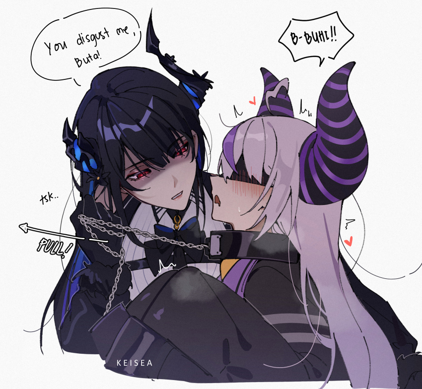 2girls age_difference ahoge asymmetrical_horns bdsm black_bow black_bowtie black_gloves black_hair black_vest blindfold blue_hair blush bow bowtie braid braided_bangs chain chain_leash clothing_cutout coat collar collared_shirt colored_inner_hair commentary cuffs demon_girl demon_horns dress_shirt drooling english_commentary english_text feather-trimmed_sleeves flower gloves glowing glowing_eyes grey_hair highres hololive hololive_english horn_flower horns keisea la+_darknesss la+_darknesss_(1st_costume) leash leash_pull long_hair long_sleeves looking_at_another masochism metal_collar mole mole_under_eye mouth_drool multicolored_hair multiple_girls nerissa_ravencroft nerissa_ravencroft_(1st_costume) onee-loli open_mouth pointy_ears purple_coat purple_hair red_eyes ribbed_shirt shaded_face shirt shoulder_cutout sidelocks simple_background sleeves_past_fingers sleeves_past_wrists slit_pupils speech_bubble streaked_hair striped_horns uneven_horns upper_body very_long_hair vest virtual_youtuber white_background white_shirt yuri