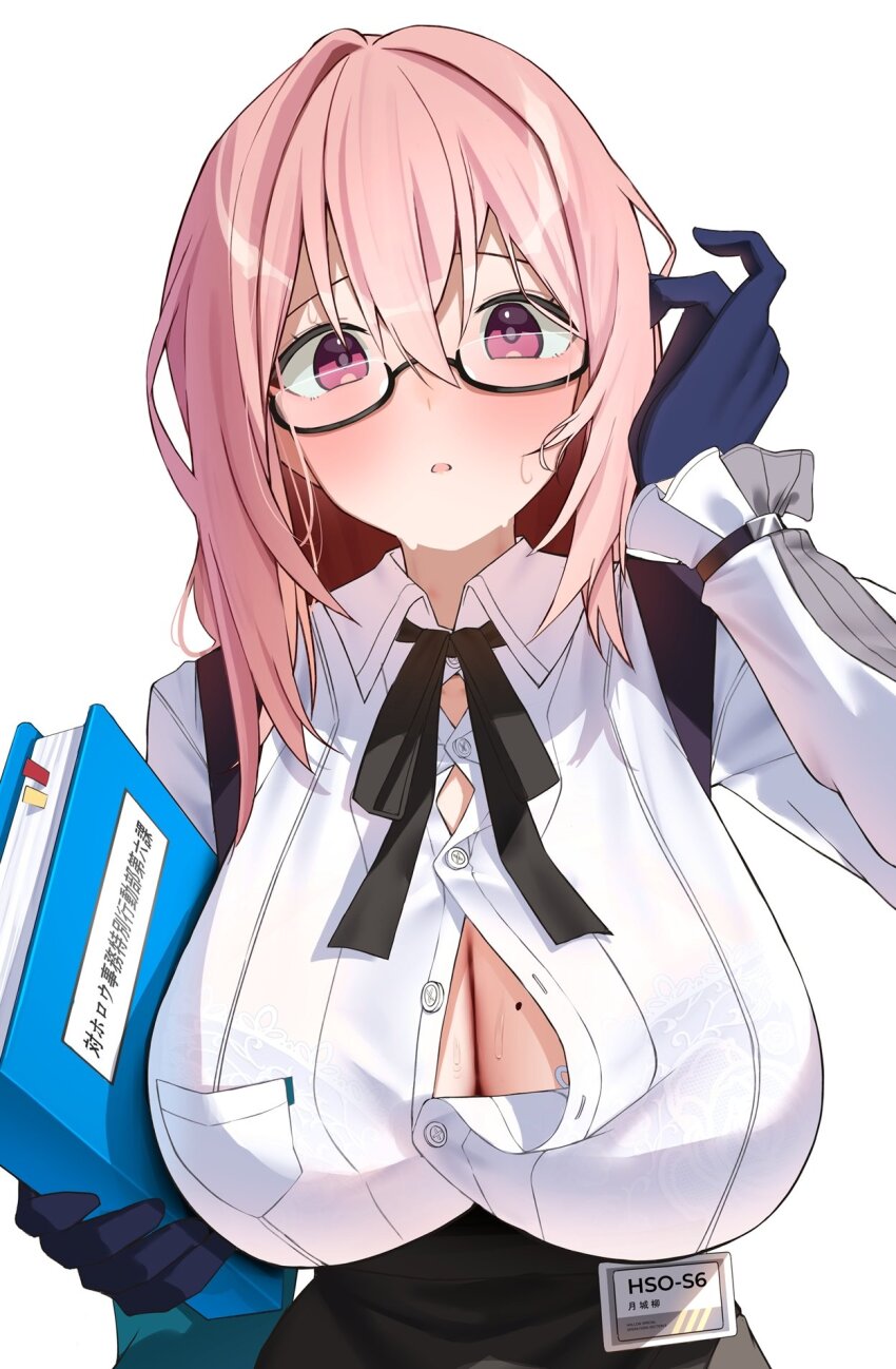 1girl black-framed_eyewear black_gloves black_ribbon breasts cleavage_cutout clothing_cutout glasses gloves highres large_breasts long_hair looking_at_viewer mole mole_on_breast nidaime_(doronbo) pink_hair ribbon simple_background solo tsukishiro_yanagi white_background zenless_zone_zero