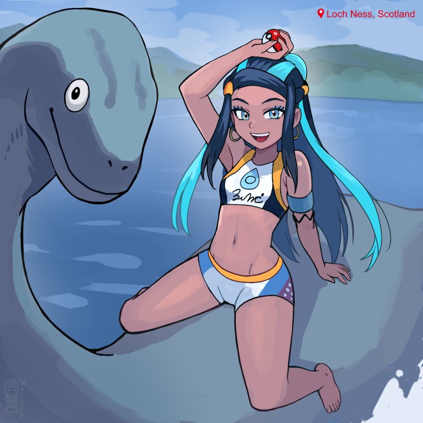1girl :d absurdres aqua_hair arm_up armband armpits bare_arms bare_legs bare_shoulders barefoot black_hair blue_eyes blue_eyeshadow breasts commentary crop_top dark-skinned_female dark_skin day earrings english_commentary eyeshadow groin hair_bun highres holding holding_poke_ball hoop_earrings jewelry loch_ness_monster long_hair looking_at_viewer makeup mountainous_horizon multicolored_hair name_connection navel nessa_(pokemon) nintendo open_mouth outdoors poke_ball poke_ball_(basic) pokemon pokemon_swsh riding short_shorts shorts sidelocks single_hair_bun small_breasts smile solo split-color_hair stomach teeth two-tone_hair upper_teeth_only watcher_hollow water