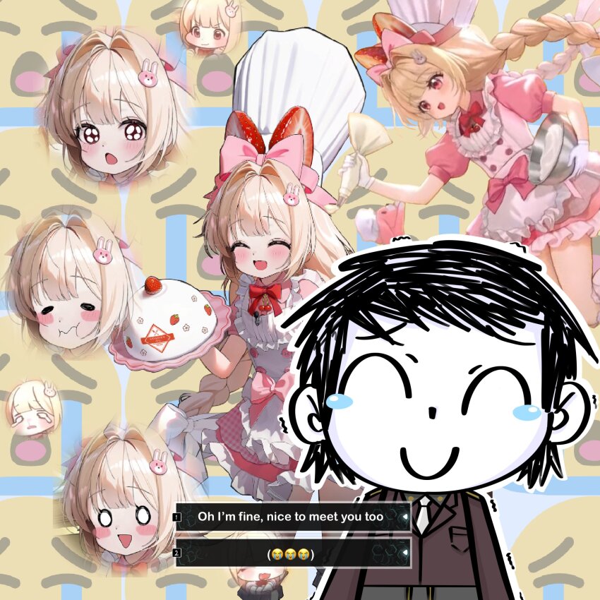 1boy 1girl absurdres apron blonde_hair blue_archive bow bowtie braid brown_hair chef_hat cherry commander_(nikke) crust_(nikke) crying_emoji doodle_sensei_(blue_archive) dress emoji english_text flat_chest food food-themed_hair_ornament fruit girilocoboy goddess_of_victory:_nikke hair_bow hair_ornament hat highres long_hair military_uniform pink_dress rabbit_hair_ornament red_bow red_bowtie sensei_(blue_archive) speech_bubble strawberry strawberry_hair_ornament twin_braids white_apron