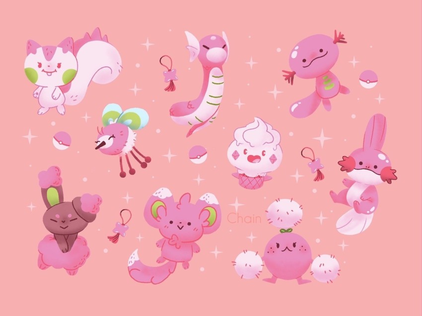 ._. :&gt; ^_^ alternate_color buneary closed_eyes closed_mouth commentary creature cutiefly dratini english_commentary full_body gen_1_pokemon gen_2_pokemon gen_3_pokemon gen_4_pokemon gen_5_pokemon gen_6_pokemon gen_7_pokemon happy horns jumpluff minccino mudkip nintendo no_humans pachirisu pink_background pink_theme poke_ball poke_ball_(basic) pokemon pokemon_(creature) rabbit shiny_pokemon smile soanjaconnac sparkle vanillite wooper