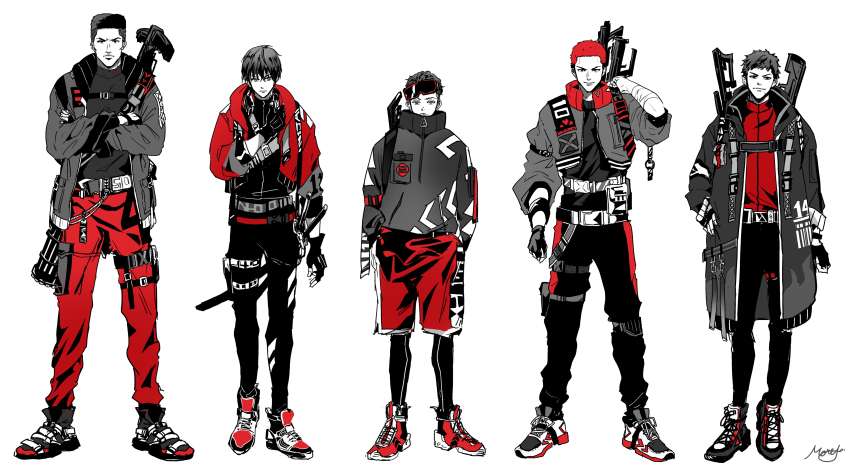 5boys absurdres akagi_takenori arm_at_side bandaged_arm bandages belt belt_pouch breast_pocket buzz_cut closed_mouth coat cropped_jacket crossed_arms fingerless_gloves frown full_body gloves goggles goggles_on_head gun gun_on_back hand_on_own_hip hands_in_pockets high_collar highres jacket leggings_under_shorts lineup long_sleeves male_focus mitsui_hisashi miyagi_ryouta monochrome moriyama_(m0rym) multiple_boys multiple_swords pants pocket pouch red_theme rifle rukawa_kaede sakuragi_hanamichi shoes short_hair signature simple_background slam_dunk_(series) smile sneakers standing studded_belt thigh_belt thigh_pouch thigh_strap very_short_hair weapon weapon_on_back