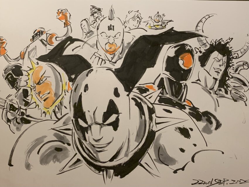 6+boys abs alexandria_meat animal_ears arm_up armor biceps black_hole_(kinnikuman) brocken_jr. buffaloman claw_(weapon) clenched_hands collar dalmatiman dared dated dog_boy dog_ears english_text facial_hair grin happy hat helmet highres horns kinnikuman looking_at_viewer manly mask military_hat military_uniform monochrome multiple_boys muscular mustache pectorals peek-a-boo_(kinnikuman) ramenman robin_mask shaded_face shikishi smile spiked_collar spikes springman_(kinnikuman) standing stecase_king terryman upper_body warsman weapon white_background wrestling wrestling_mask wrestling_outfit