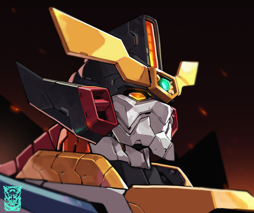 artist_logo commentary english_commentary gaogaigar highres logo looking_ahead mar10 mecha no_humans portrait robot science_fiction solo super_robot v-fin yellow_eyes yuusha_ou_gaogaigar yuusha_series