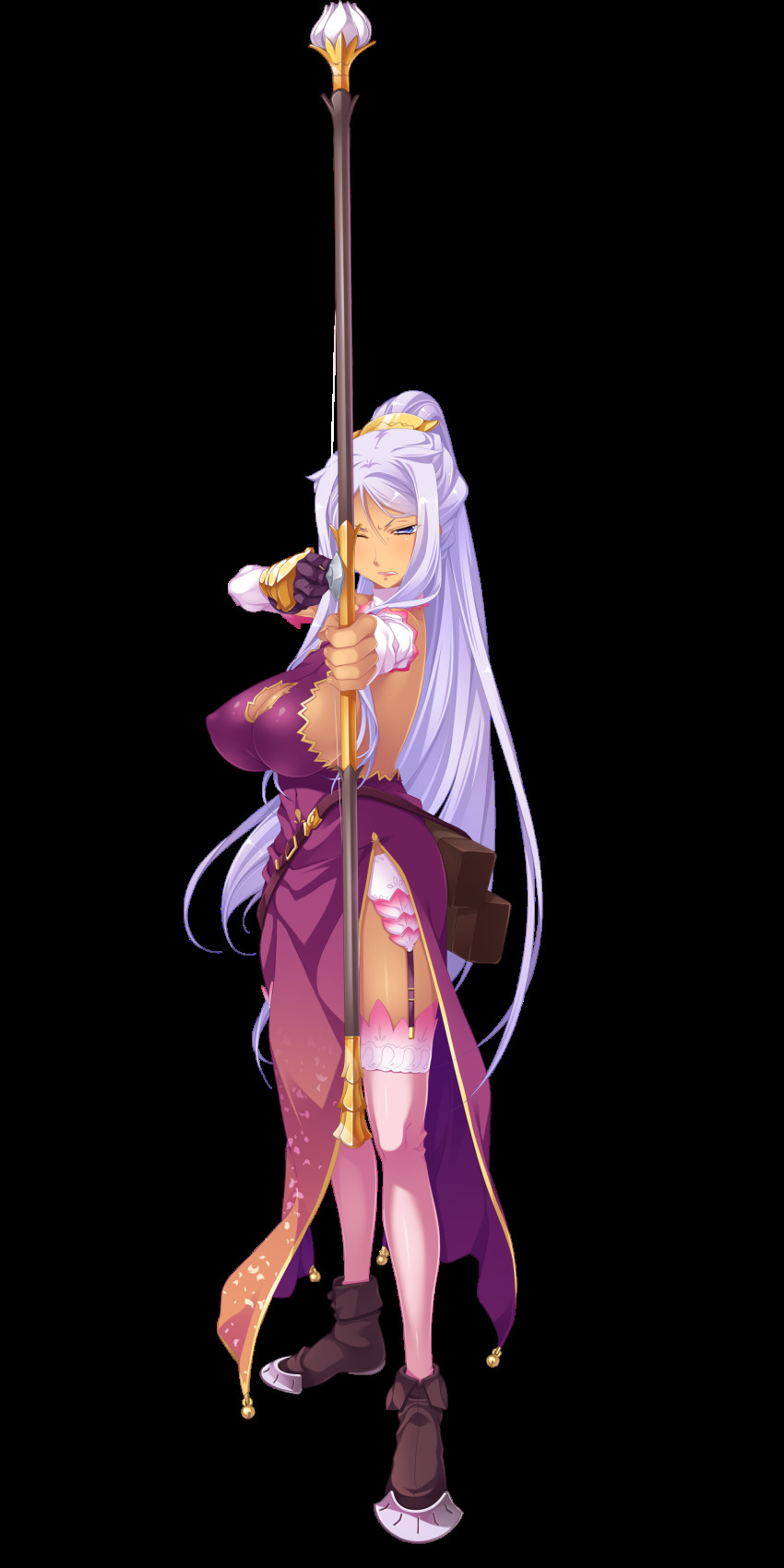 1girl absurdres arrow bibyo blue_eyes boots bow_(weapon) breasts china_dress chinese_clothes cleavage cleavage_cutout clothing_cutout dark_skin dark-skinned_female detached_sleeves dress female_focus full_body hands_on_own_hips highres hikage_eiji holding holding_bow_(weapon) holding_weapon koihime_musou kougai_(koihime_musou) large_breasts light_purple_hair long_hair looking_at_viewer mole mole_under_mouth official_art pelvic_curtain ponytail shin_koihime_musou sidelocks silver_hair sleeveless smile solo standing thighhighs transparent_background very_long_hair weapon