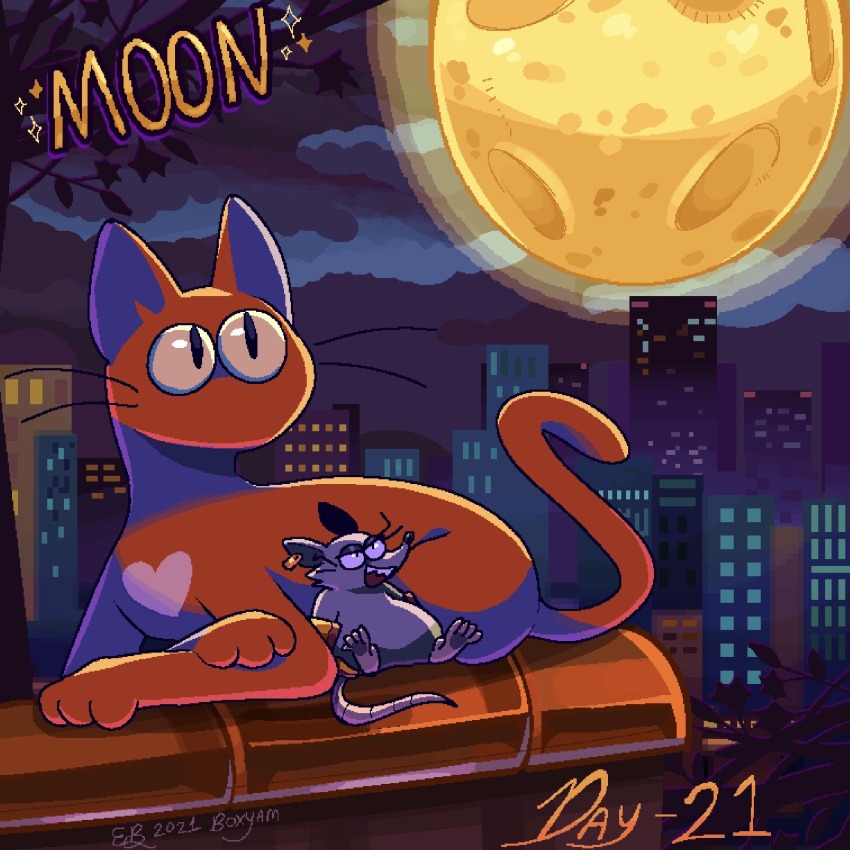 2boys :d boxyam building cityscape commentary dated ear_tag english_commentary english_text fangs full_moon gloves heart heart_(mad_rat_dead) highres looking_up mad_rat_(mad_rat_dead) mad_rat_dead moon mouse_(animal) multiple_boys night night_sky on_roof open_mouth orange_gloves red_cat signature sky slit_pupils smile spoilers tile_roof tree