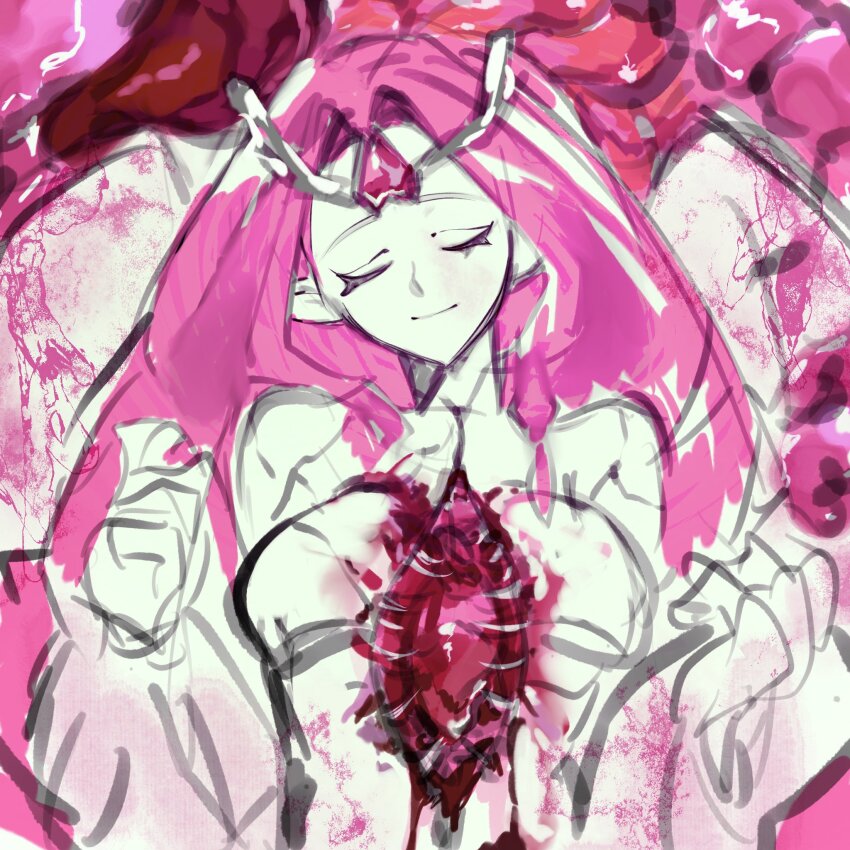 1girl angel angel_wings blood closed_eyes colored_skin cookie_run cookie_run:_kingdom dress eternal_sugar_cookie graveboundveil halo heart highres humanization long_hair looking_at_viewer pink_hair pink_skin smile solo very_long_hair white_dress wings