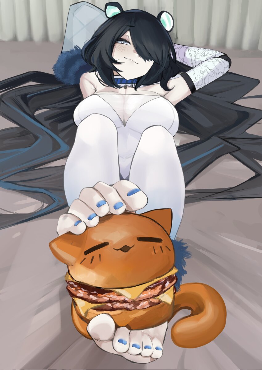 1girl absurdres animal_ears arm_behind_head black_hair blue_hair blue_nails breasts bright_pupils burger cleavage closed_mouth dress erina_makina feet food grey_eyes hair_over_one_eye highres holding_with_feet long_hair lying mechanical_arms multicolored_hair nail_polish on_back phase_connect pupi_(rain_prophet) see-through_cleavage see-through_clothes single_mechanical_arm solo streaked_hair tiger_ears tiger_girl toenail_polish toenails virtual_youtuber white_dress white_pupils