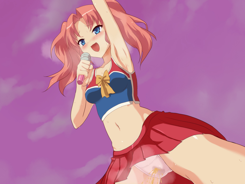 1girl :d aqua_eyes blue_eyes bow peeing character_request collarbone dutch_angle fang female_focus highres holding microphone navel open_mouth panties pantyshot peeing peeing_self pleated_skirt public_indecency purple_background purposeful_wetting red_hair red_skirt skirt smile solo standing sweat tanetsuke_no_toki_~shison_han&#039;eiuff5e through_clothes underwear utakatanagi white_panties yellow_bow