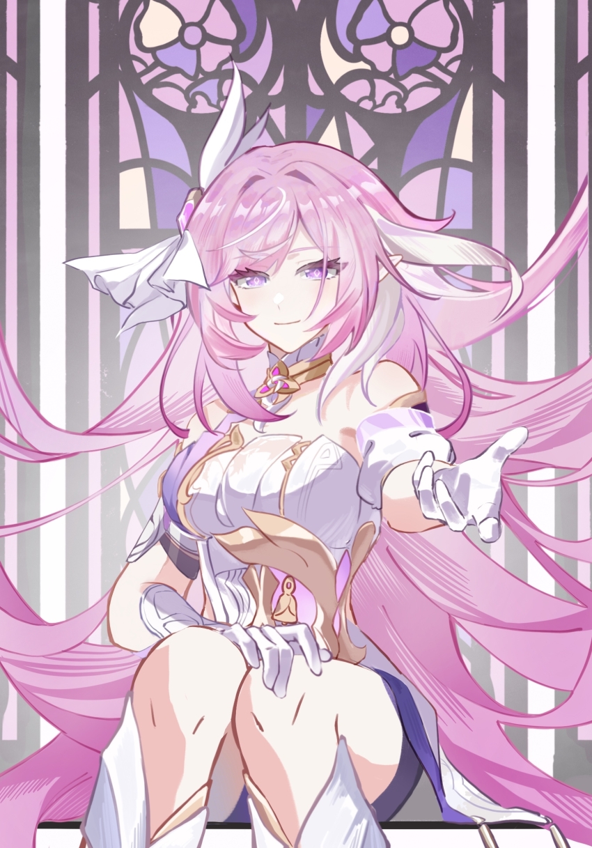 1girl bare_shoulders breasts chinese_commentary closed_mouth commentary_request corset diamond-shaped_pupils diamond_(shape) elysia_(herrscher_of_human:_ego)_(honkai_impact) elysia_(honkai_impact) faber_fubei gloves hair_ornament highres honkai_(series) honkai_impact_3rd large_breasts long_hair looking_at_viewer pink_hair purple_eyes reaching reaching_towards_viewer sitting solo symbol-shaped_pupils thighs triquetra very_long_hair white_corset white_gloves