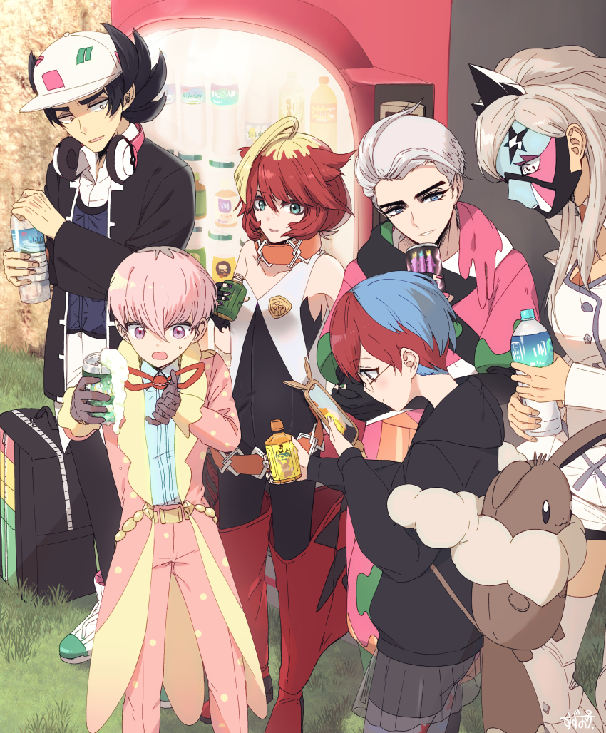 3boys 3girls absurdres ahoge atticus_(pokemon) baseball_cap belt black_bag black_hair black_jacket blonde_hair blue_eyes blue_shirt boots bottle can cellphone commentary_request drink drink_can eevee eevee_backpack eri_(pokemon) eyelashes facepaint gen_1_pokemon gen_4_pokemon giacomo_(pokemon) glasses grass hat headphones headphones_around_neck highres holding holding_bottle holding_can holding_drink holding_phone jacket long_hair mela_(pokemon) mismatched_eyebrows multicolored_hair multiple_boys multiple_girls nintendo open_clothes open_jacket orange_belt ortega_(pokemon) pants penny_(pokemon) phone pink_hair pink_jacket pink_pants pokemon pokemon_sv red_boots red_hair rotom rotom_phone shirt short_hair smartphone suzukinoko1021 team_star two-tone_hair vending_machine very_short_hair water_bottle white_hair white_hat white_pants