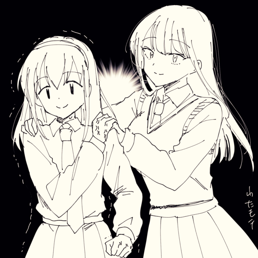 2girls black_hair collared_shirt greyscale katou_asuka long_hair long_sleeves monochrome multiple_girls necktie numachi_doromaru pleated_skirt purple_necktie satozaki_kiko school_uniform shirt skirt smile watashi_ga_motenai_no_wa_dou_kangaetemo_omaera_ga_warui! yellow_skirt