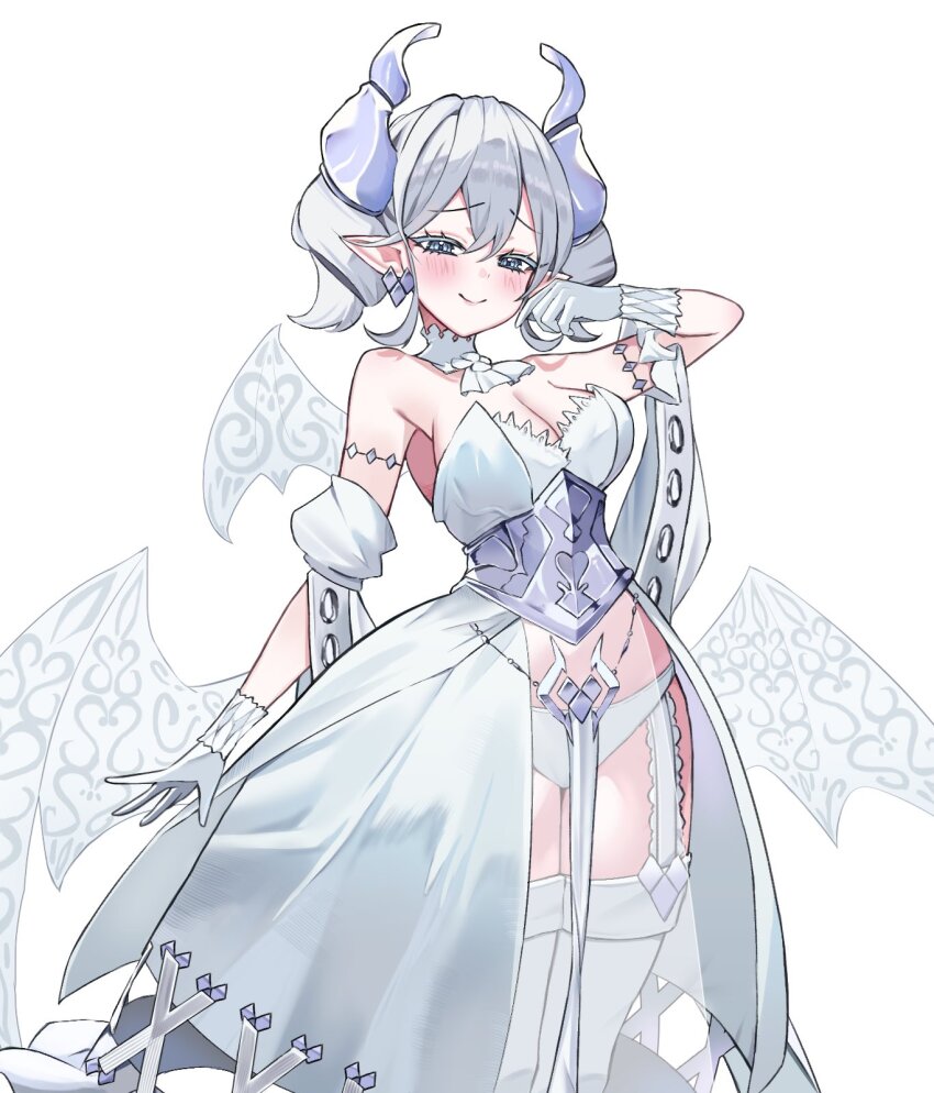 1girl bare_shoulders breasts cleavage cowboy_shot demon_girl demon_horns demon_wings dress duel_monster fuutivtiofon_ri grey_eyes grey_hair highres horns large_breasts lovely_labrynth_of_the_silver_castle low_wings medium_breasts multiple_wings panties pointy_ears see-through_clothes see-through_dress simple_background solo strapless strapless_dress thighhighs underwear white_background white_dress white_panties white_thighhighs white_wings wings yu-gi-oh!