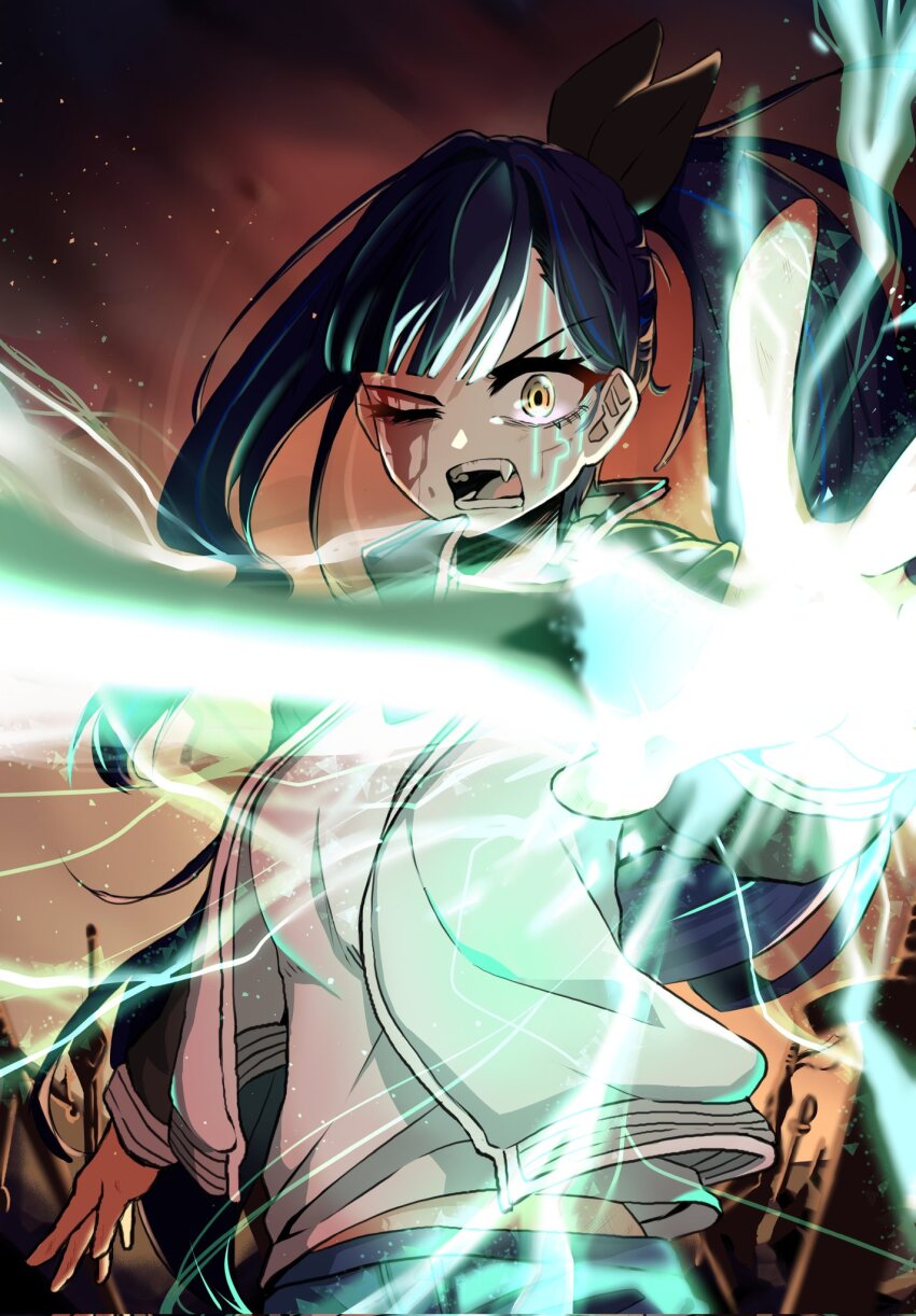 1girl black_jacket blood blood_on_face blue_hair breasts emiya_shirou fate/stay_night fate_(series) field_of_blades gears highres invisible_air_(fate) jacket lilpa long_hair long_sleeves magic_circuit multicolored_hair multiple_swords multiple_weapons open_clothes open_jacket open_mouth orange_eyes outstretched_arm planted planted_sword planted_weapon purple_eyes raglan_sleeves reaching reaching_towards_viewer shirt side_ponytail solo standing streaked_hair sword too_many_weapons unlimited_blade_works_(reality_marble) virtual_youtuber waktaverse weapon white_jacket